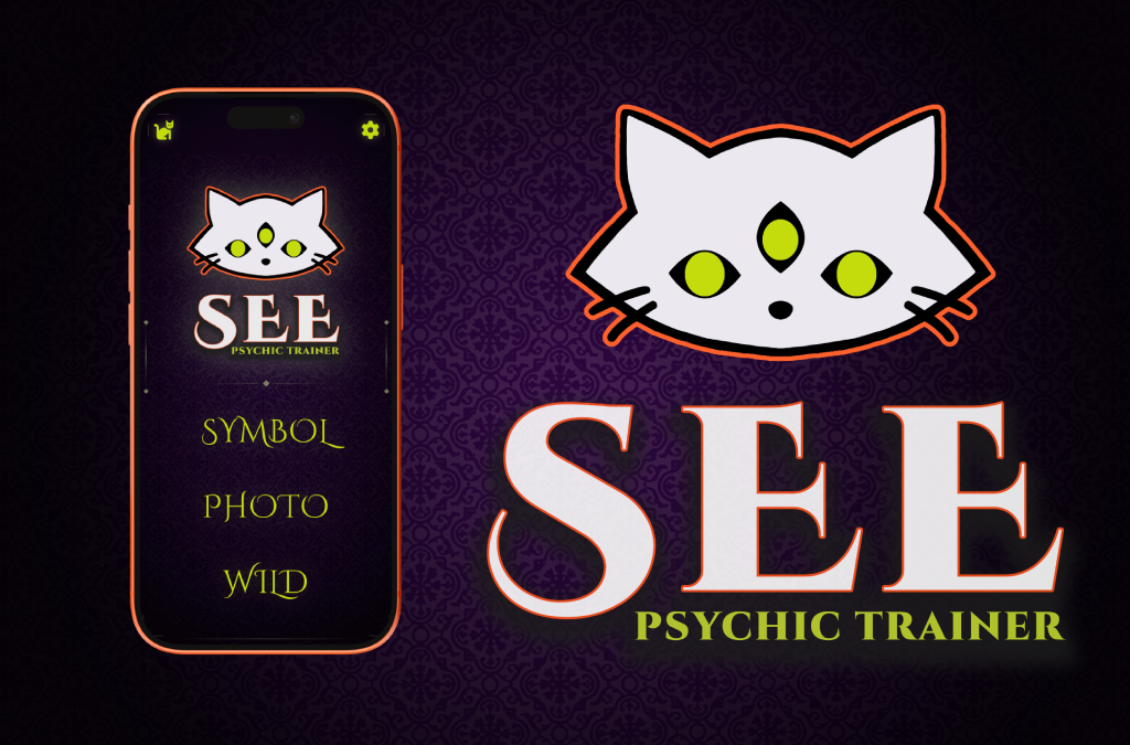 Banner largo SEE Strumento di Allenamento Psichico con smartphone e logo del gatto a tre occhi